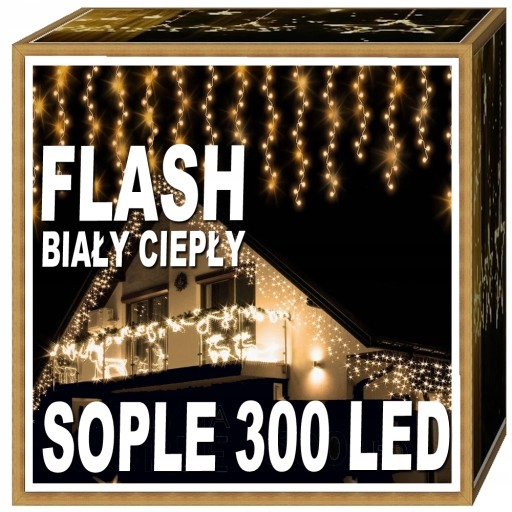 LAMPKI SOPLE LED 300 CIEPŁE WISZĄCE 15M FLASH